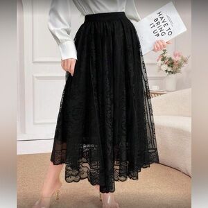 Boho black floral lace maxi skirt